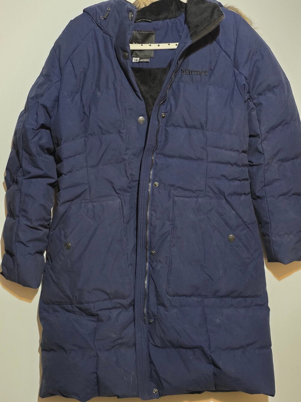 Marmot Down Parka Coat Navy Blue Hooded Size Large 700 Fill Winter